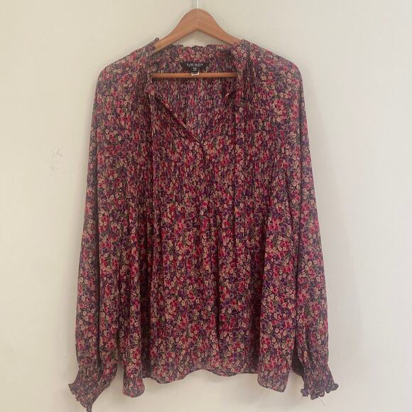 Lauren Ralph Lauren Tops - Lauren Ralph Lauren Boho Tunic Top Black Purple Pink Floral Tie Neck 2XL Black